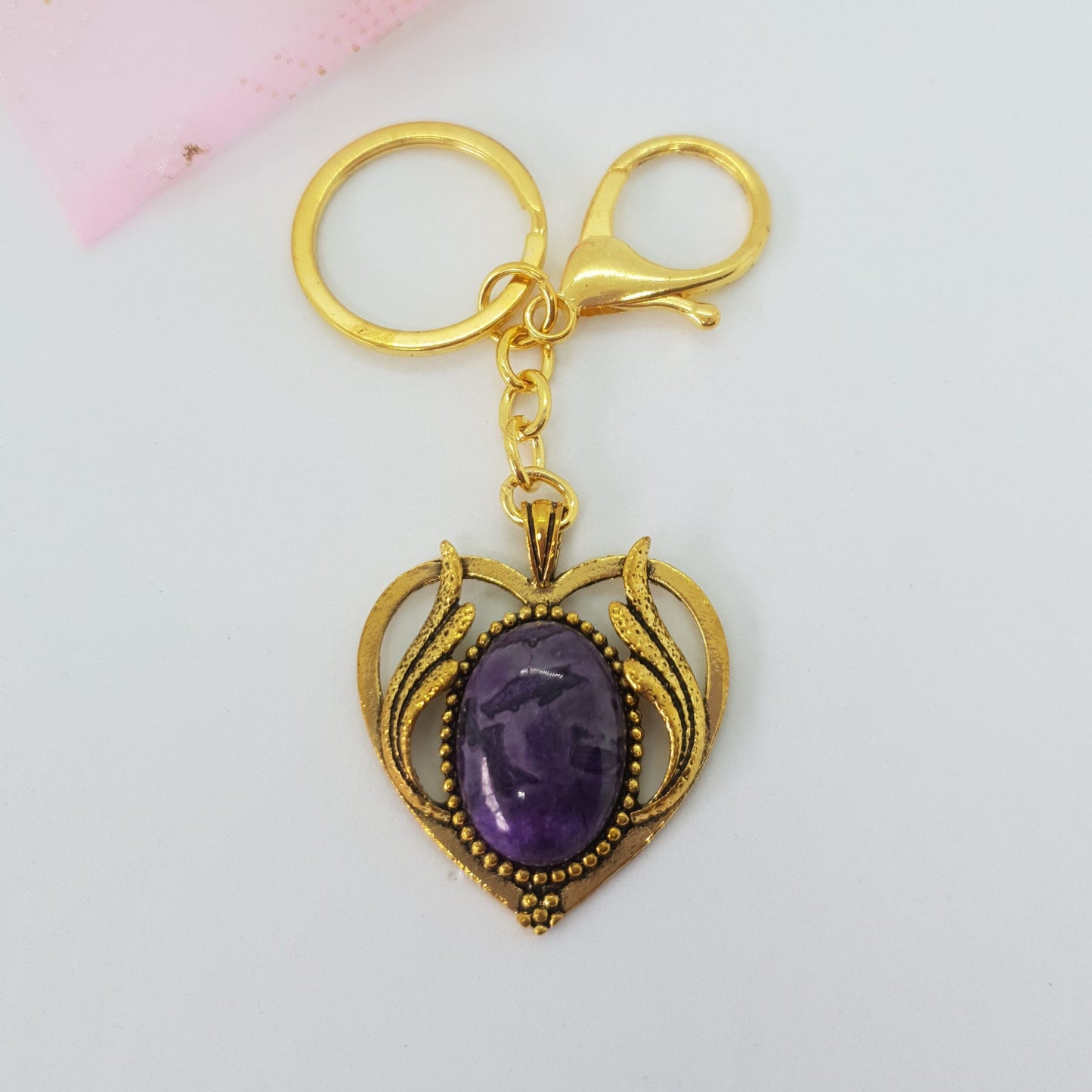 Antique Gold Heart Wings Keychain