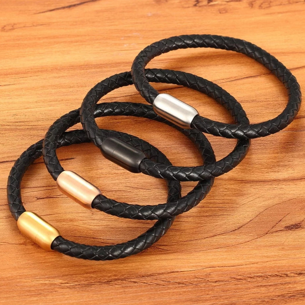 Stainless Steel Black Leather Bracelet