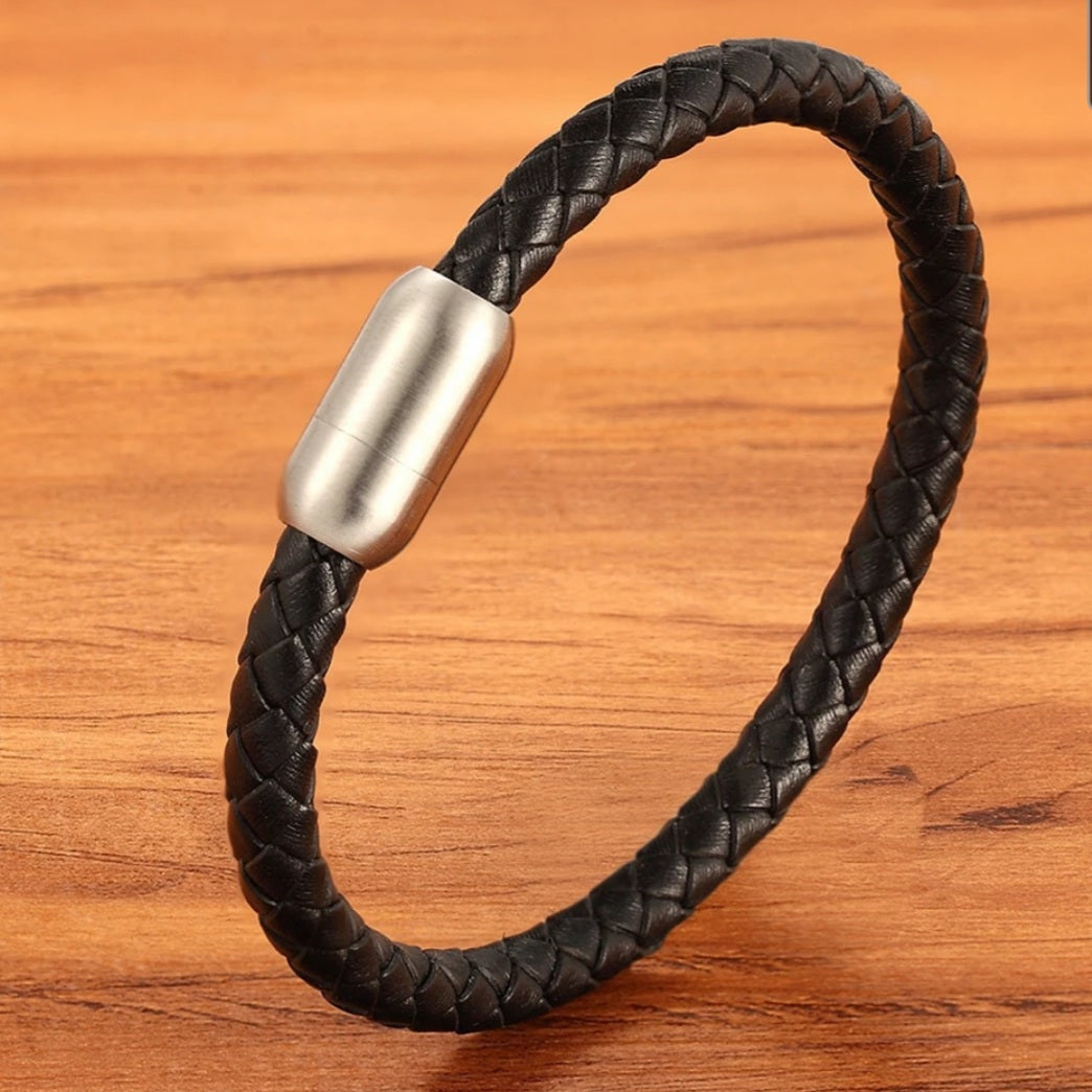 Stainless Steel Black Leather Bracelet