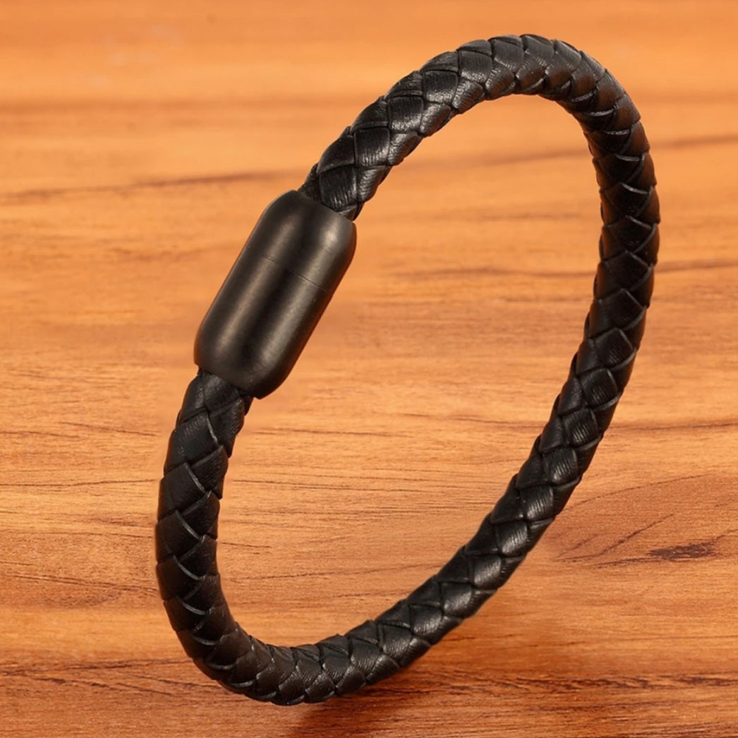 Stainless Steel Black Leather Bracelet