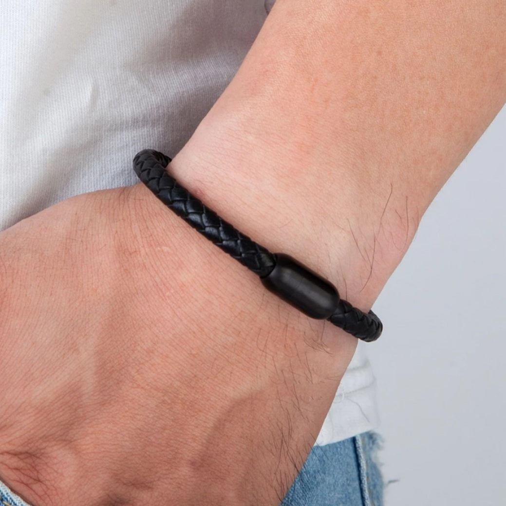 Stainless Steel Black Leather Bracelet