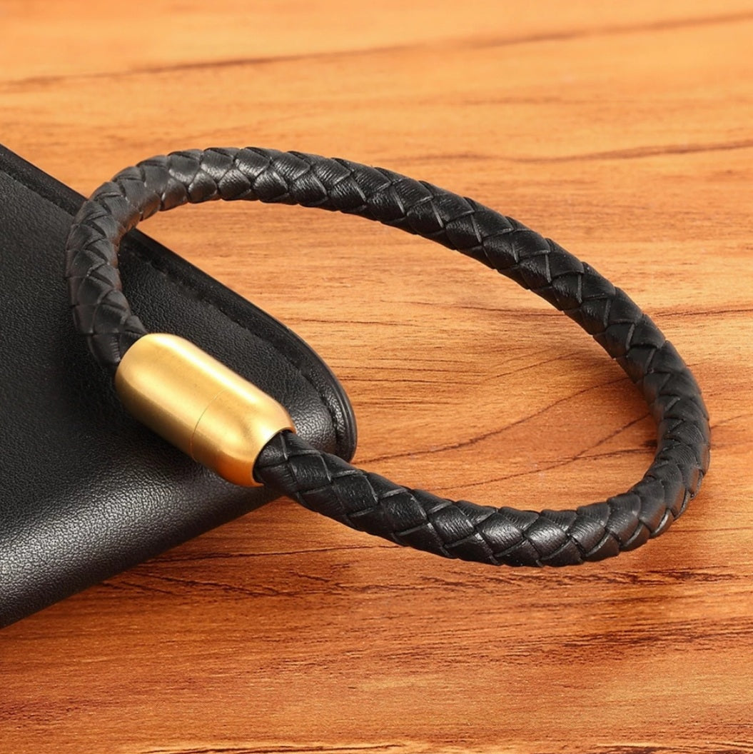 Stainless Steel Black Leather Bracelet