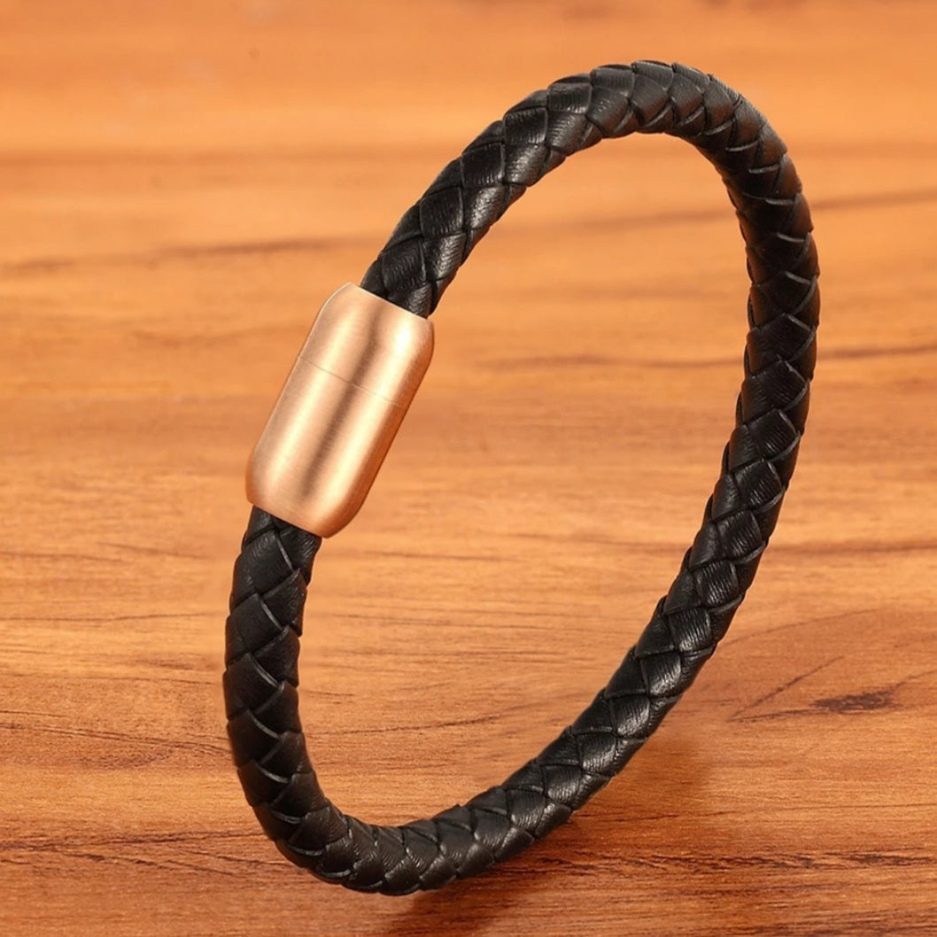 Stainless Steel Black Leather Bracelet