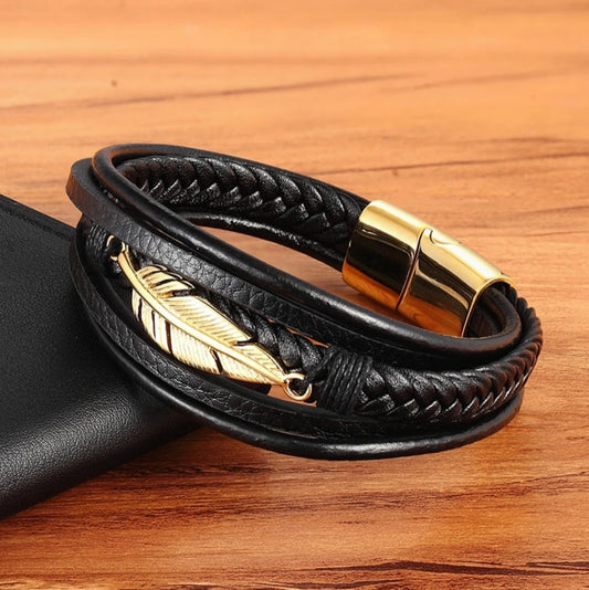 Multi-layer Stainless Steel Leather Feather Bracelet