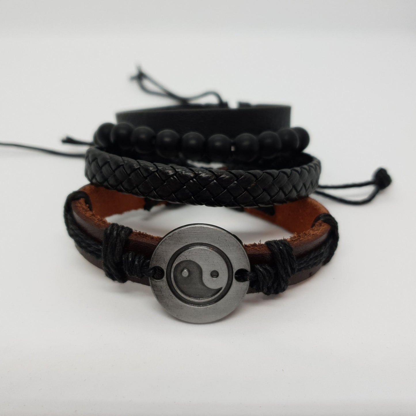 Vintage Black Yin Yang 4 Layer Wrap Leather Bracelet Set