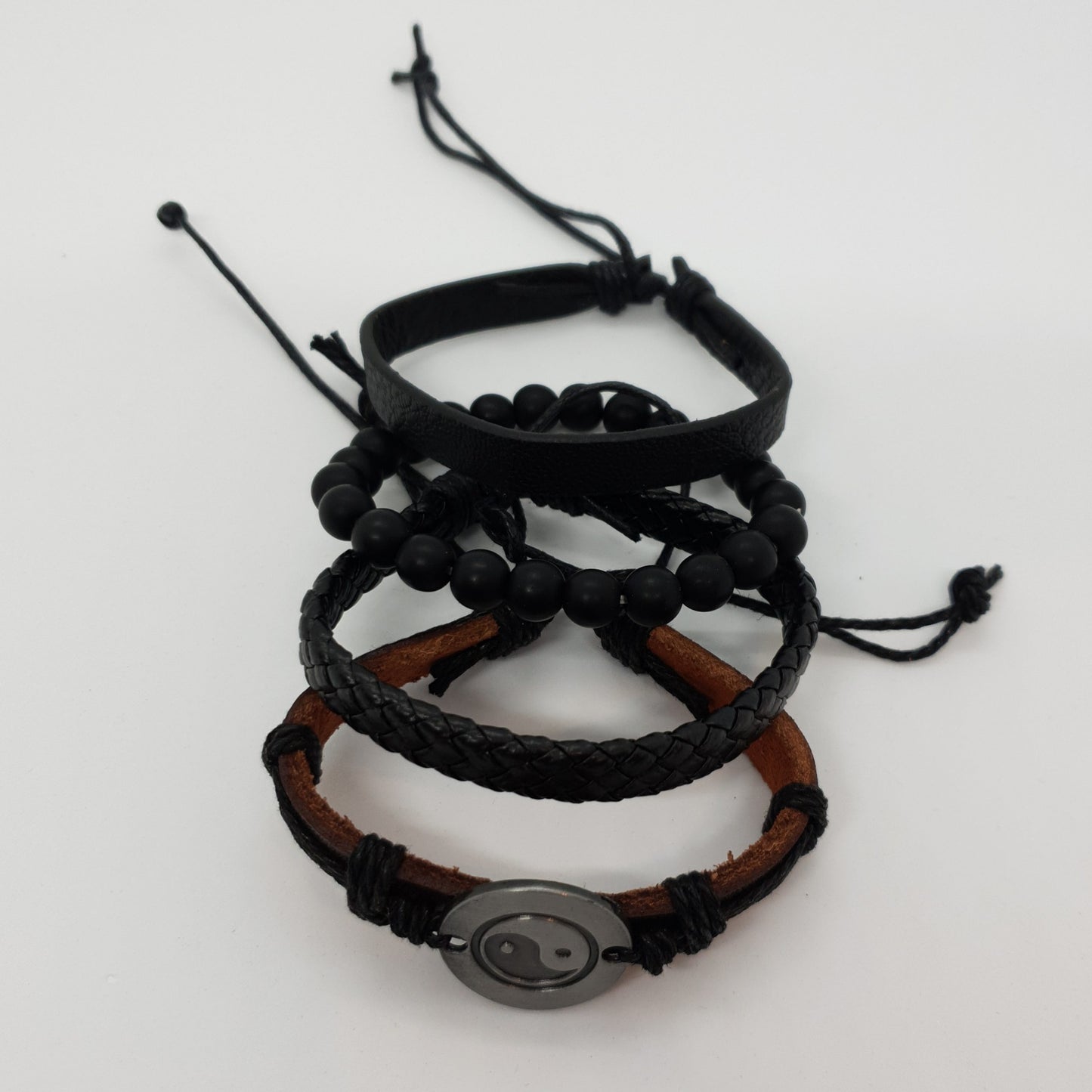 Vintage Black Yin Yang 4 Layer Wrap Leather Bracelet Set