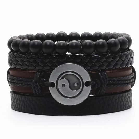 Vintage Black Yin Yang 4 Layer Wrap Leather Bracelet Set