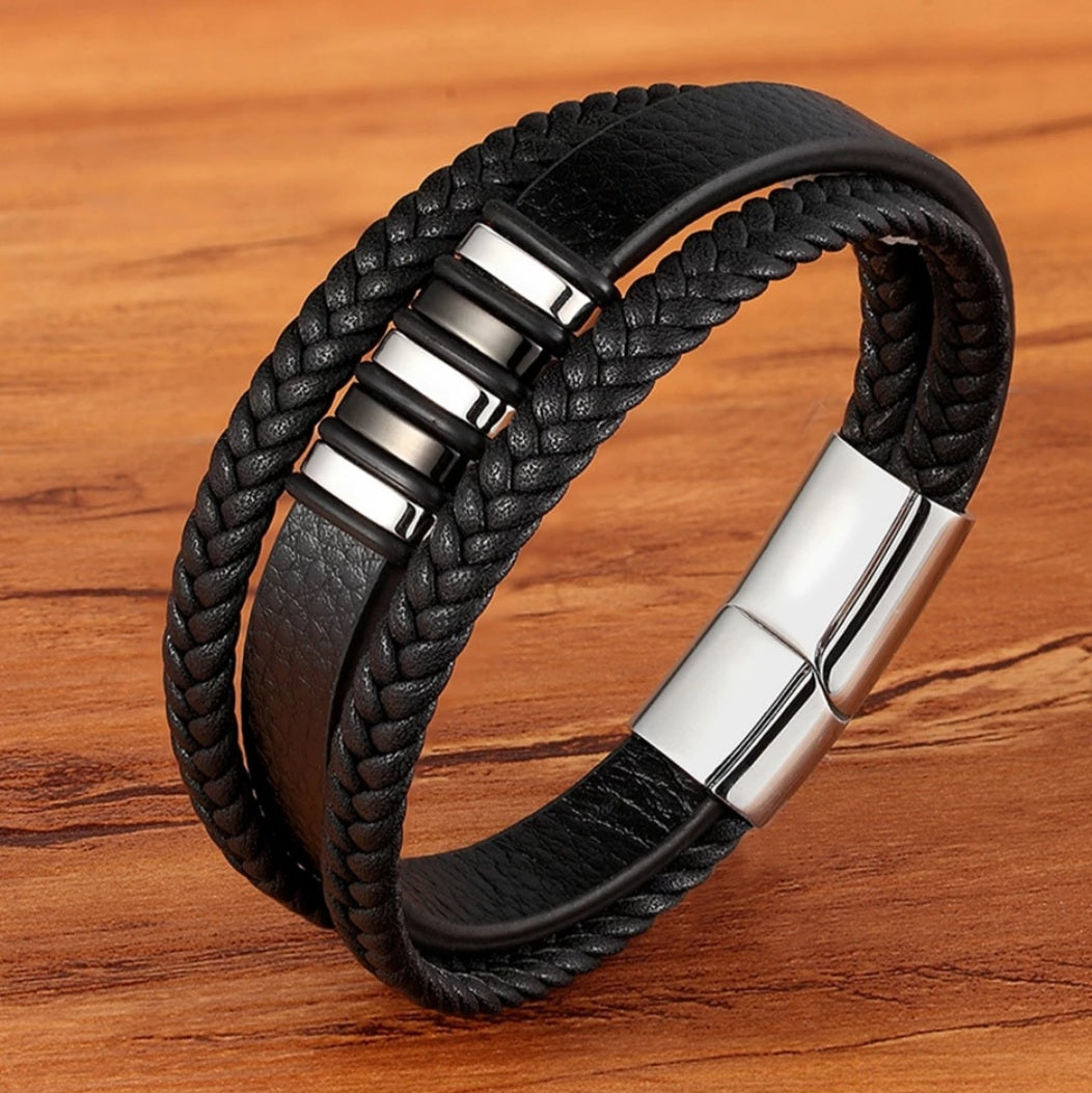 Multi-layer Stainless Steel Luxury Braid Leather Bracelet