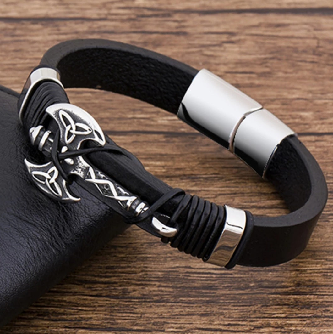 Viking Celtic Battle Axe Leather Bracelet