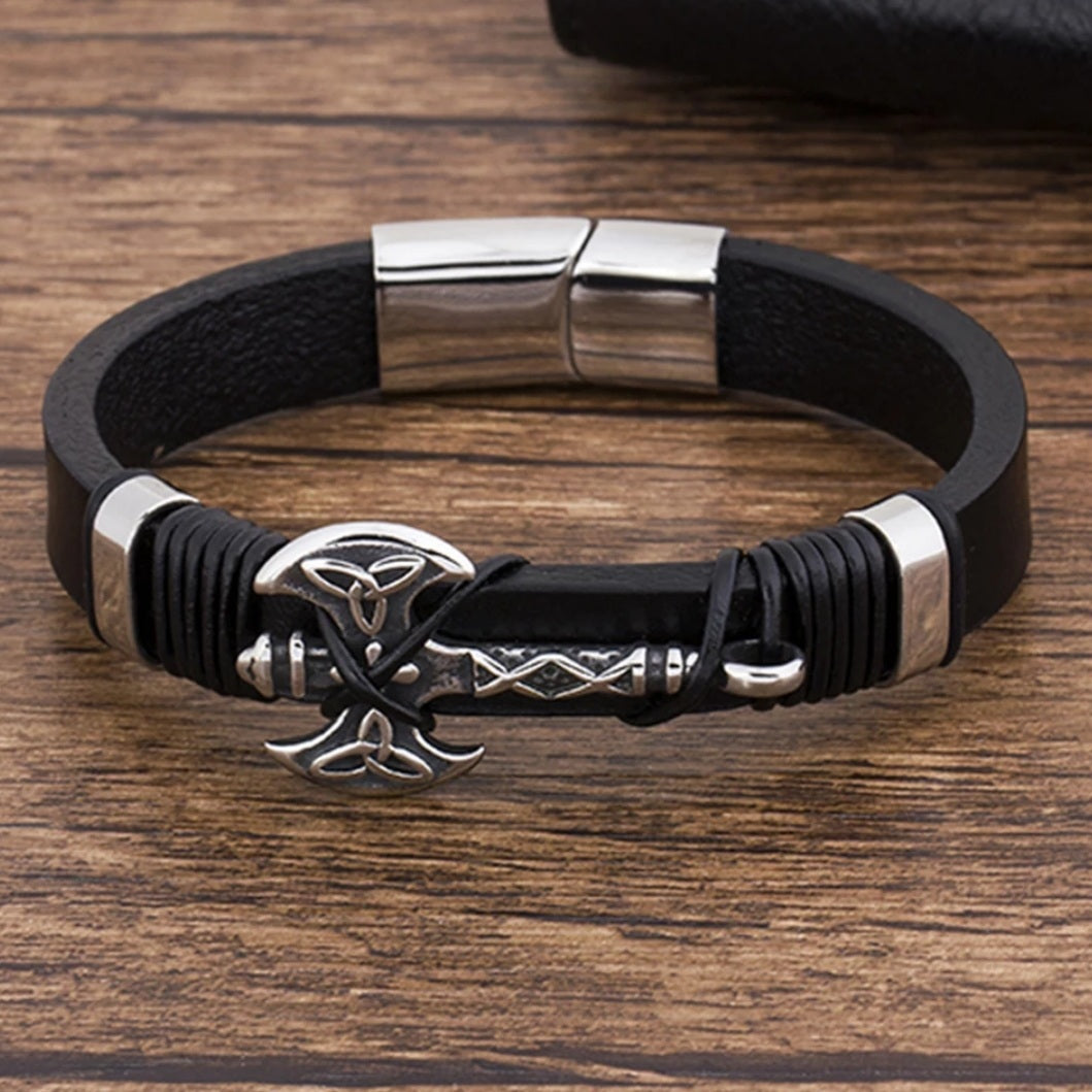 Viking Celtic Battle Axe Leather Bracelet