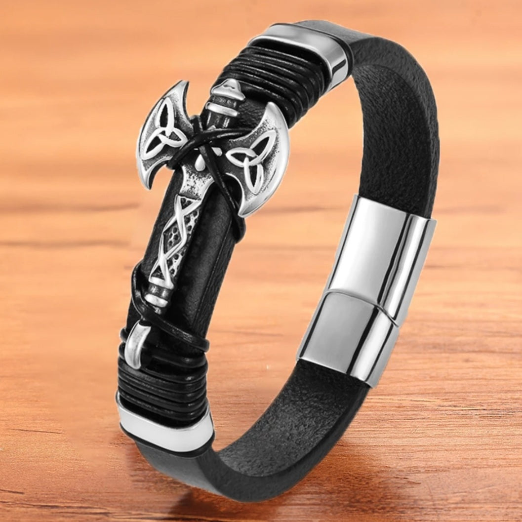 Viking Celtic Battle Axe Leather Bracelet