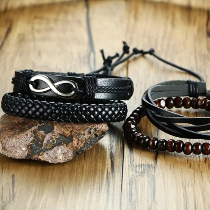 Vintage Black Infinity 4 Layer Wrap Leather Bracelet Set