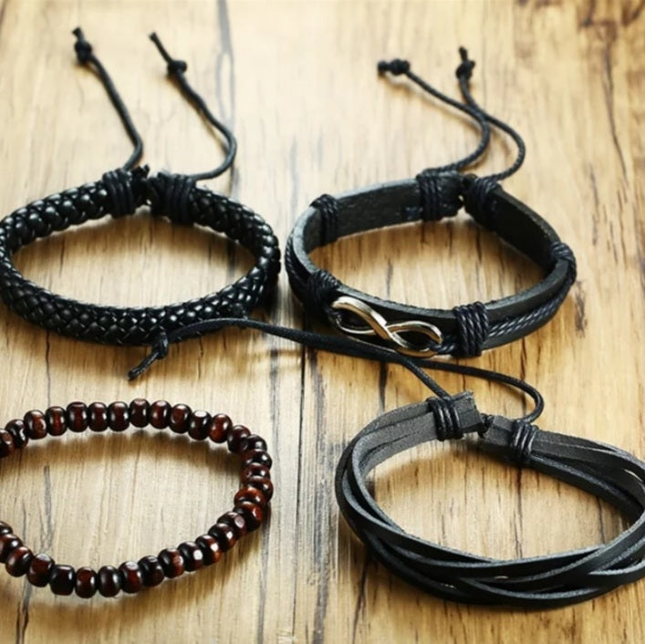 Vintage Black Infinity 4 Layer Wrap Leather Bracelet Set