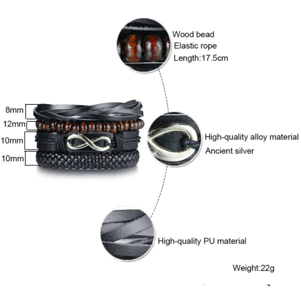 Vintage Black Infinity 4 Layer Wrap Leather Bracelet Set