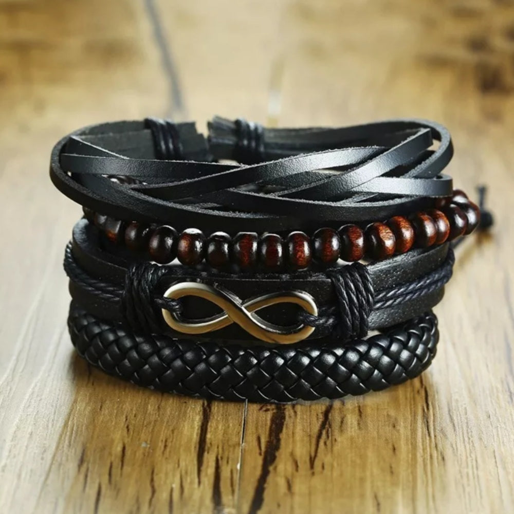 Vintage Black Infinity 4 Layer Wrap Leather Bracelet Set