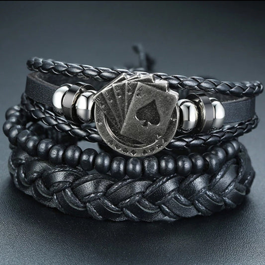 Vintage Black Poker 3 Layer Wrap Leather Bracelet Set