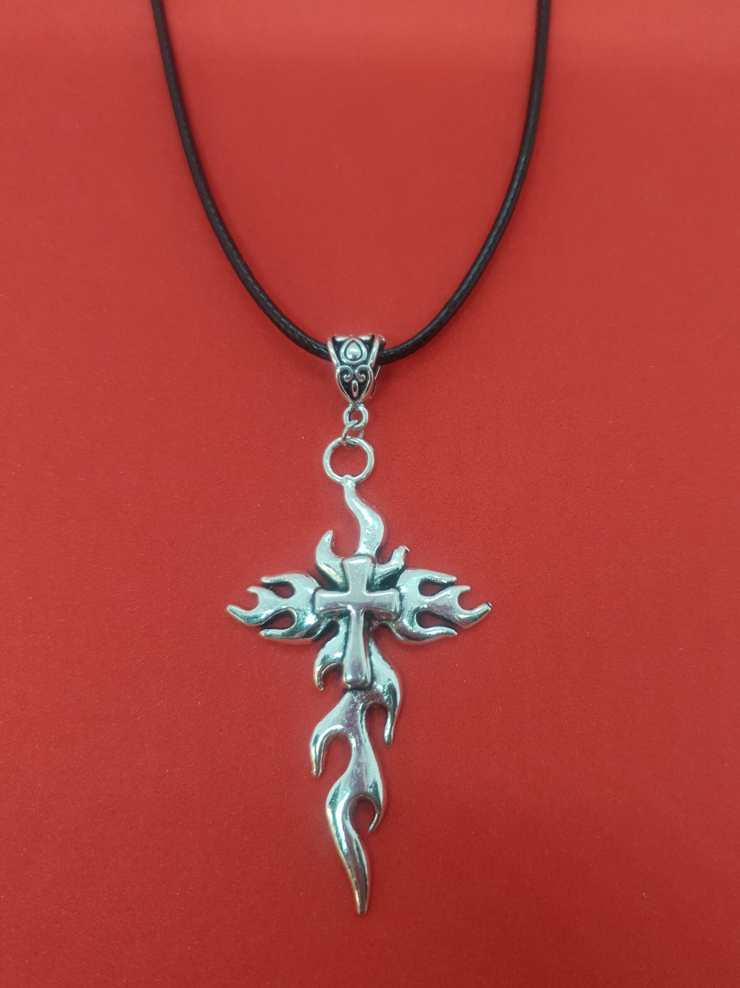 Silver Flaming Cross Necklace