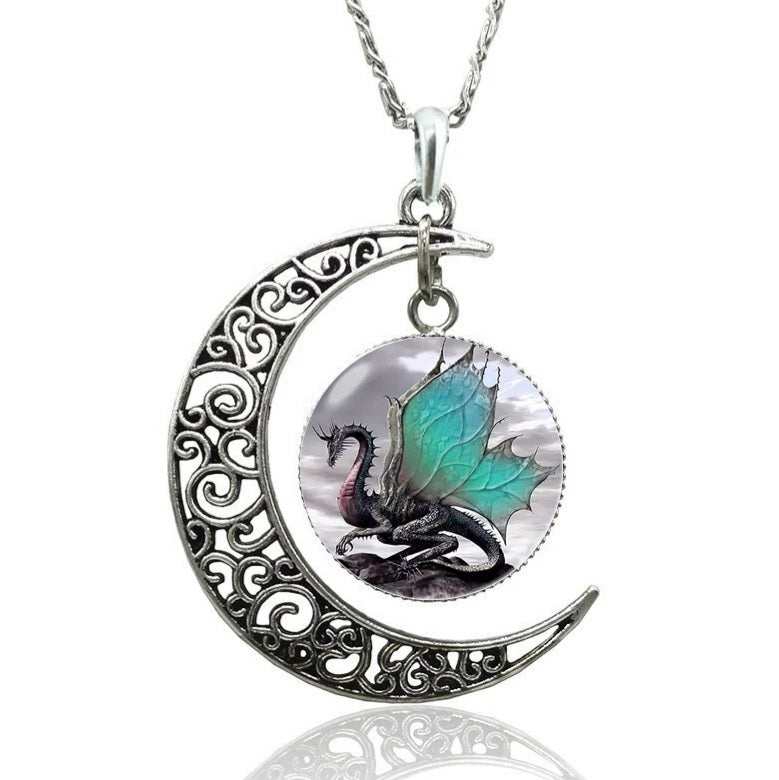 Silver Moon Crescent Dragon Glass Dome Necklace