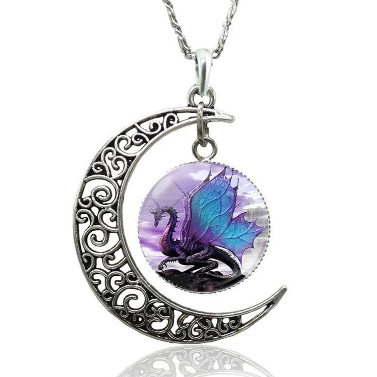 Silver Moon Crescent Dragon Glass Dome Necklace