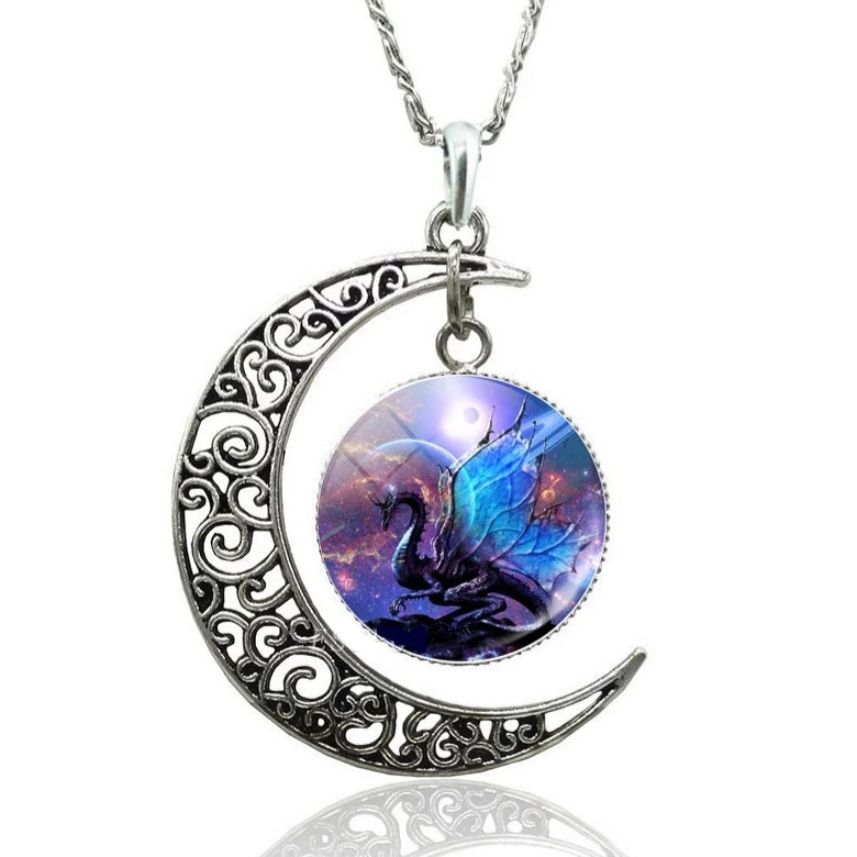 Silver Moon Crescent Dragon Glass Dome Necklace