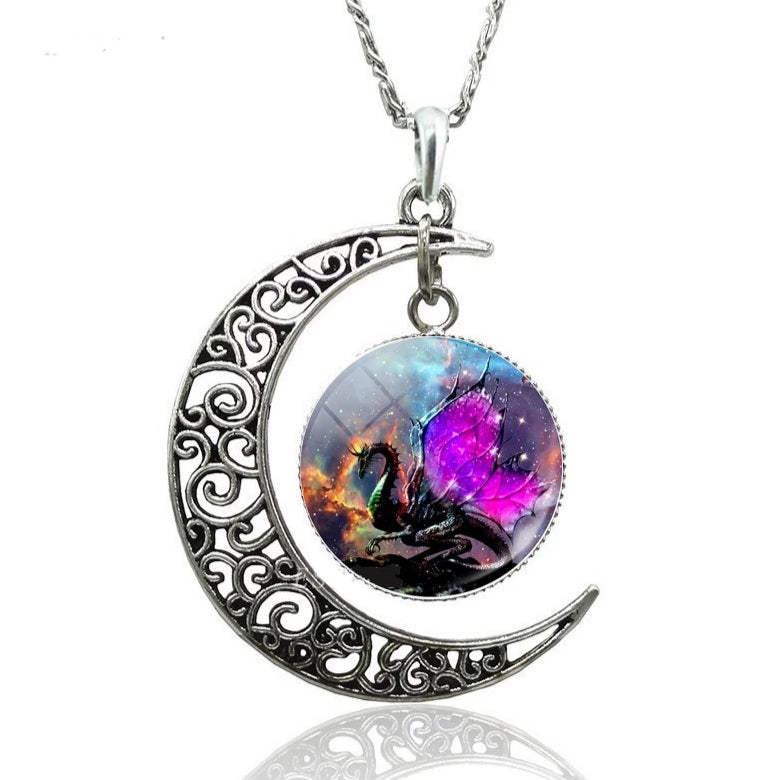 Silver Moon Crescent Dragon Glass Dome Necklace