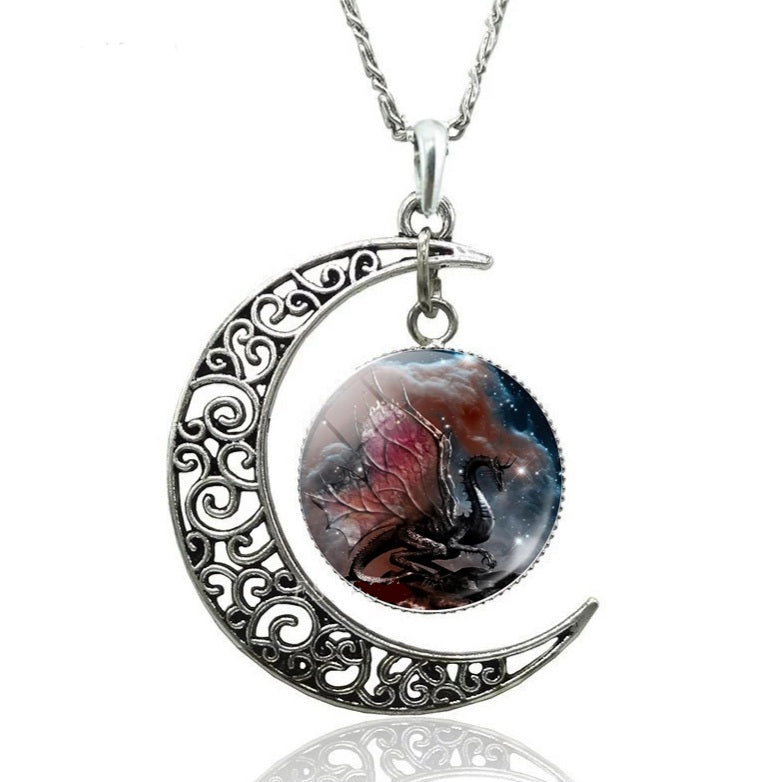 Silver Moon Crescent Dragon Glass Dome Necklace