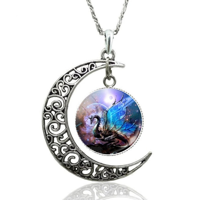 Silver Moon Crescent Dragon Glass Dome Necklace