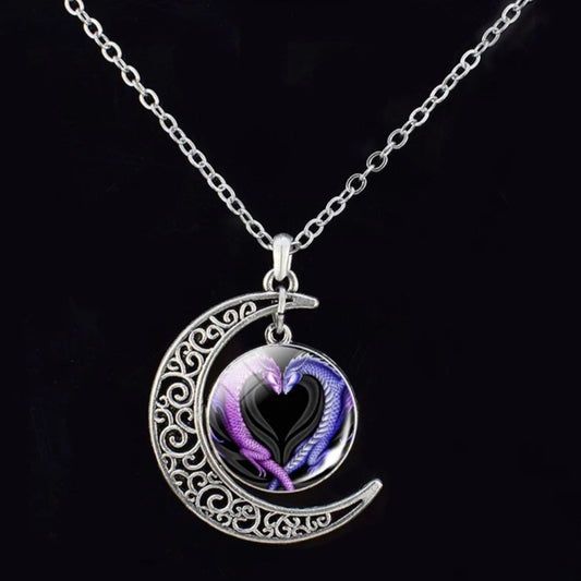 Silver Moon Crescent Dragon Glass Dome Necklace