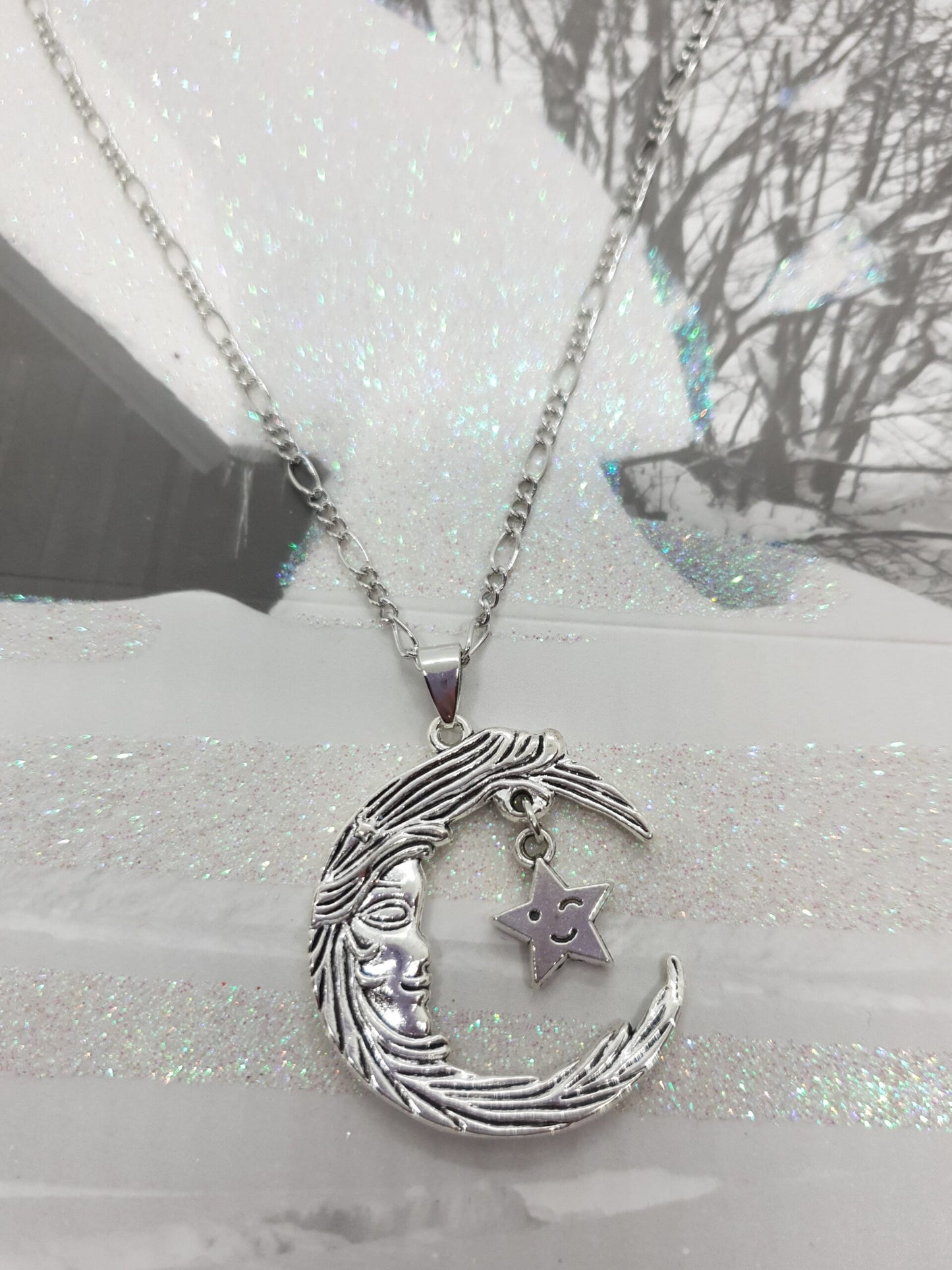 Crescent Moon Face Star Necklace