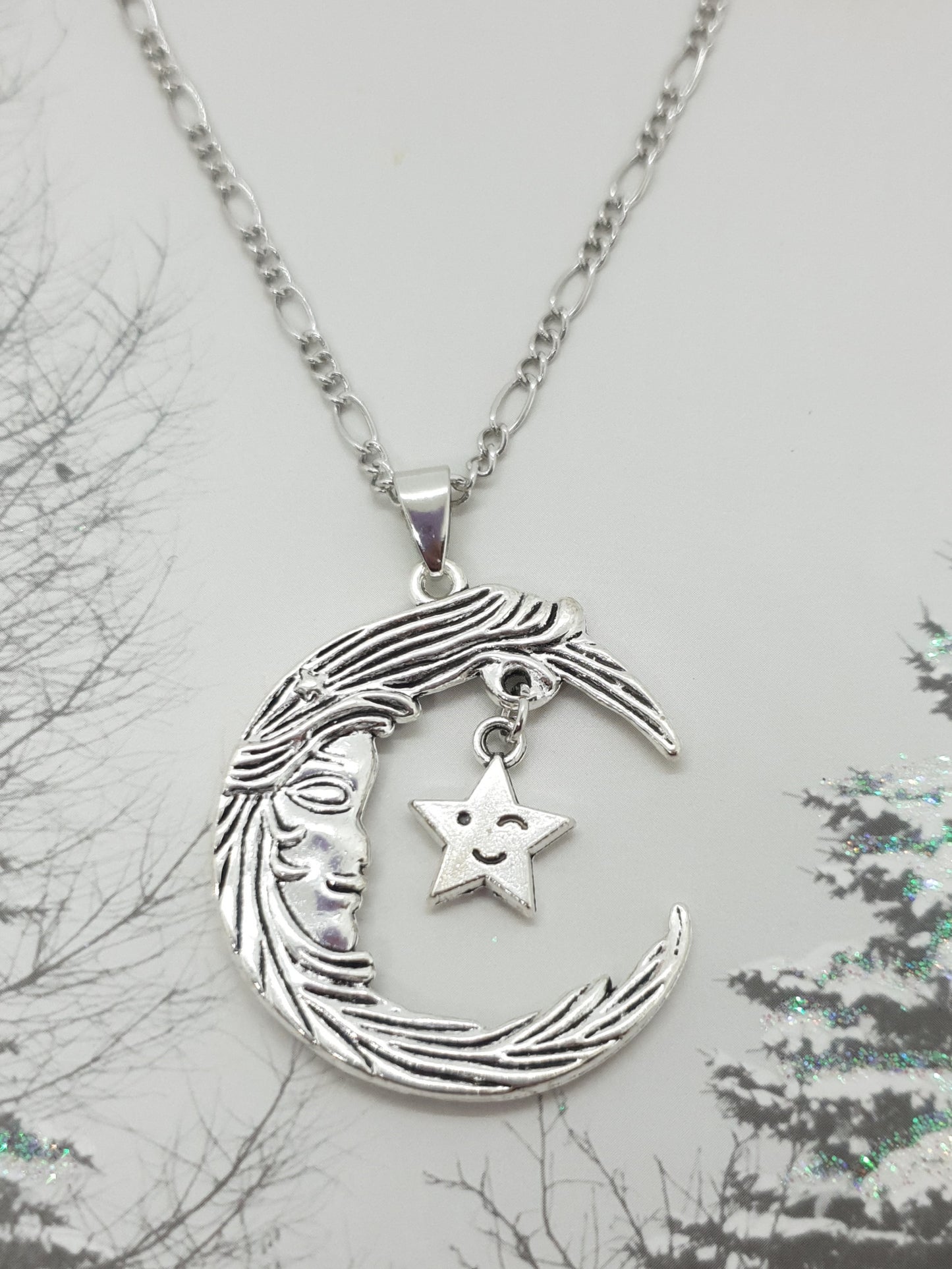 Crescent Moon Face Star Necklace