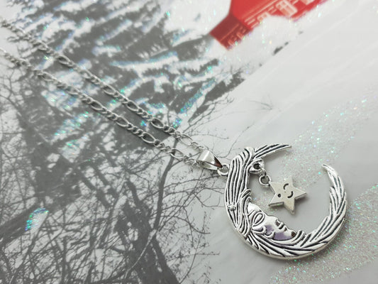 Crescent Moon Face Star Necklace