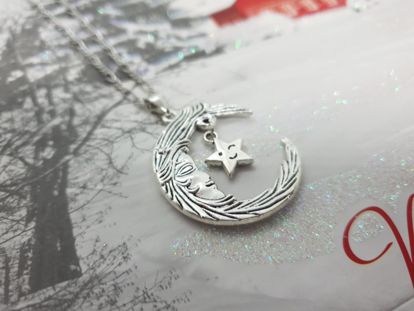 Crescent Moon Face Star Necklace