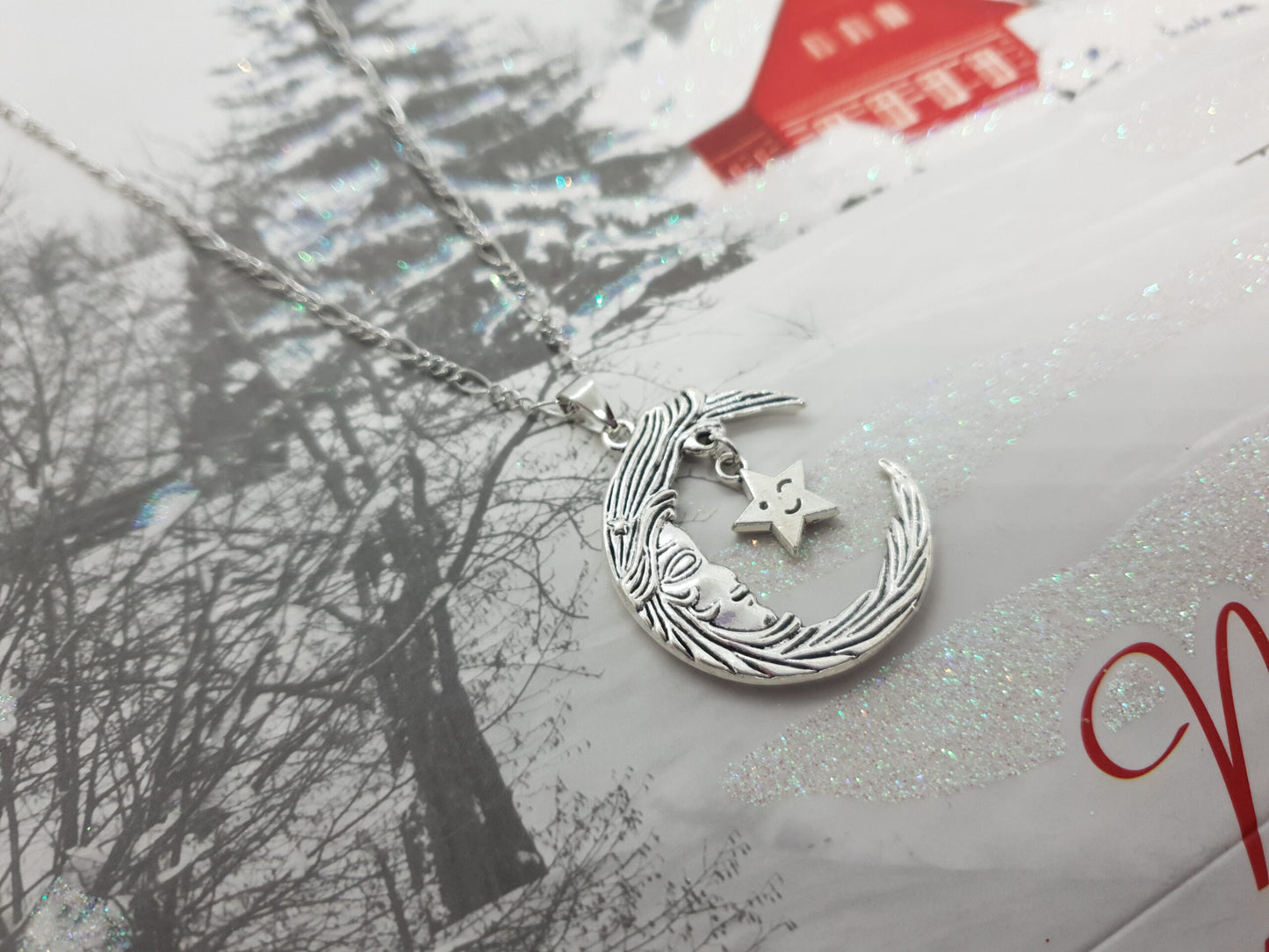 Crescent Moon Face Star Necklace