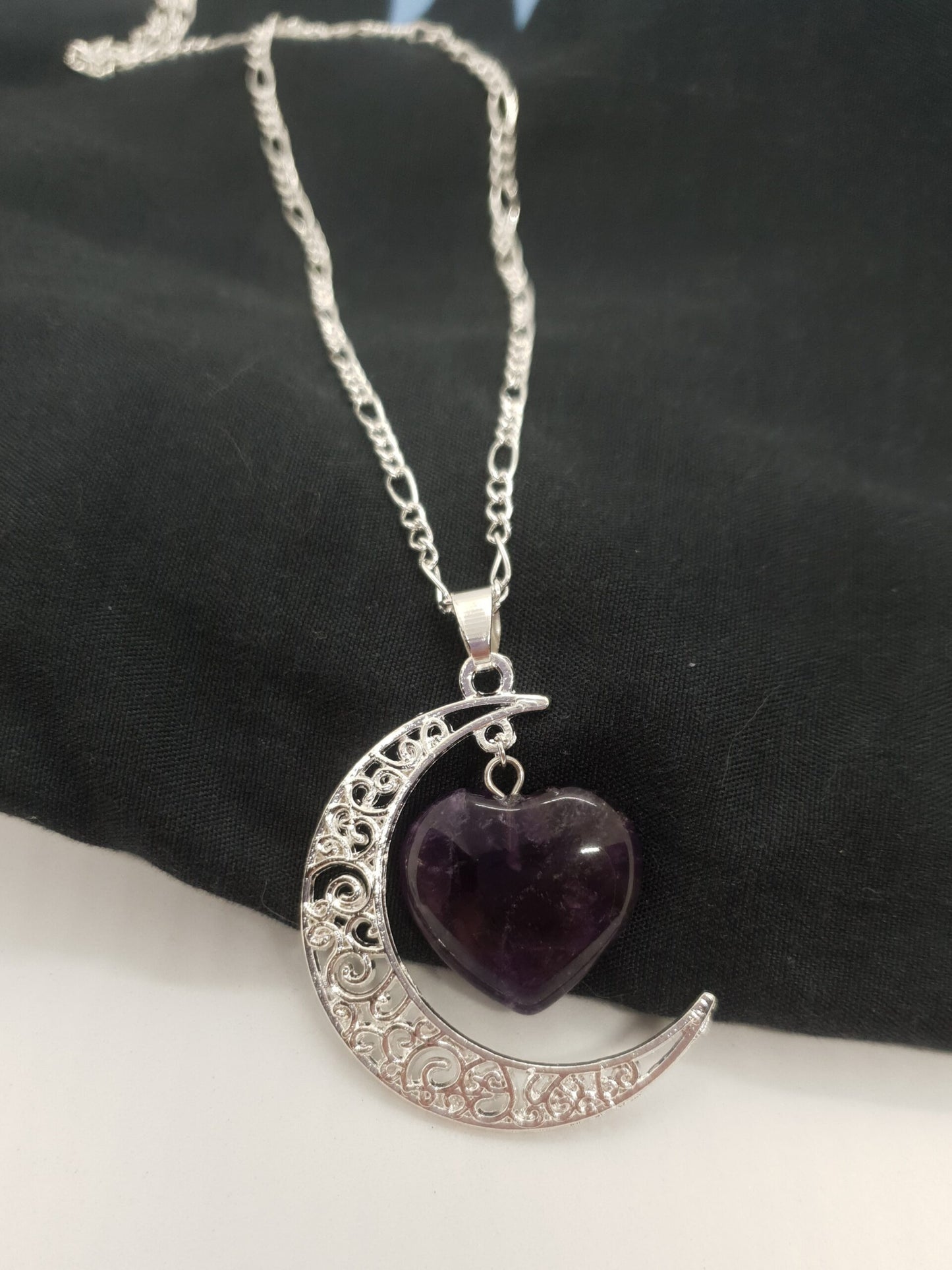 Silver Moon Stone Heart Necklace