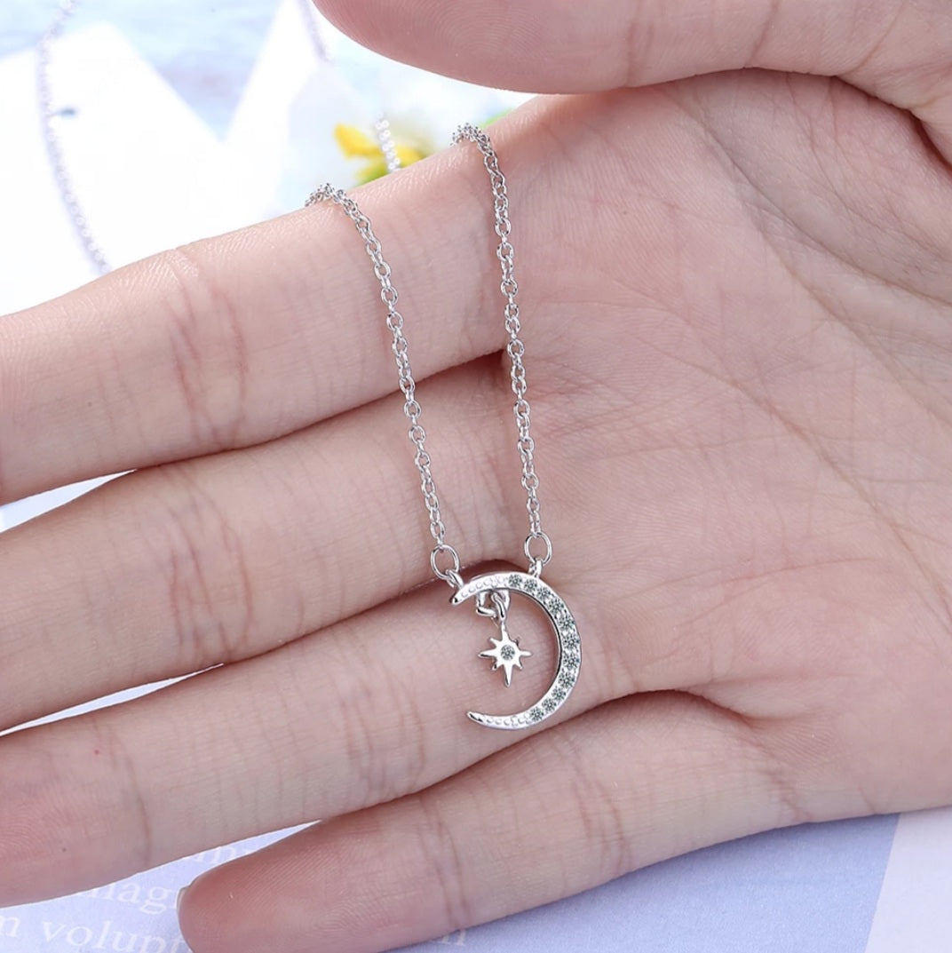 Sterling Silver Star Moon Zircon Necklace