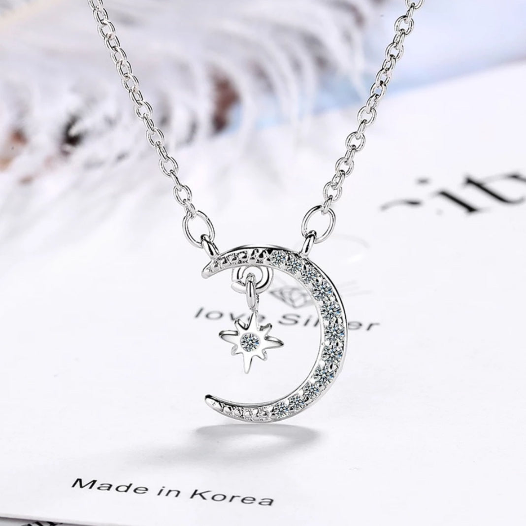 Sterling Silver Star Moon Zircon Necklace