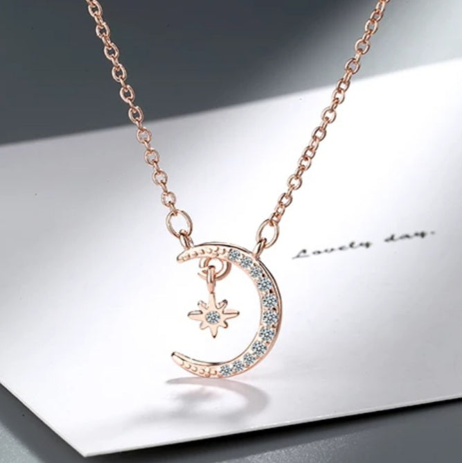 Sterling Silver Star Moon Zircon Necklace