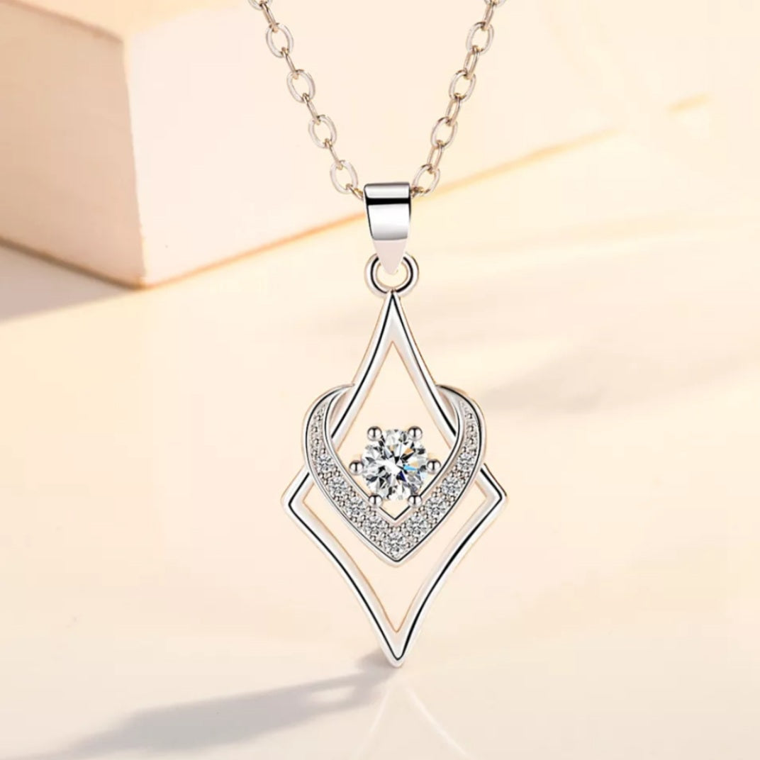 Sterling Silver Rhombus Design Zircon Necklace