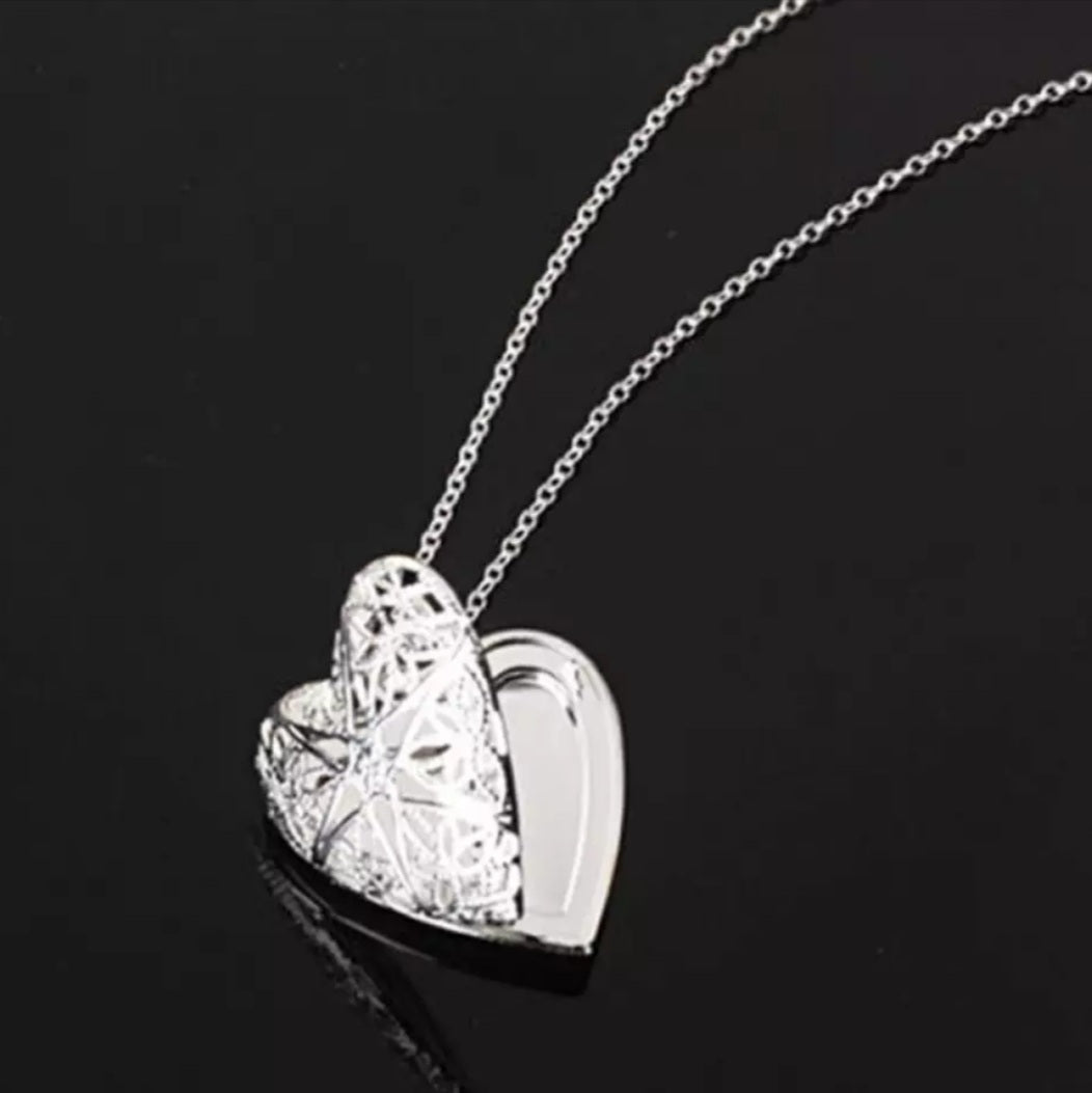 Silver Romantic Love Heart Photo Memory Locket Necklace