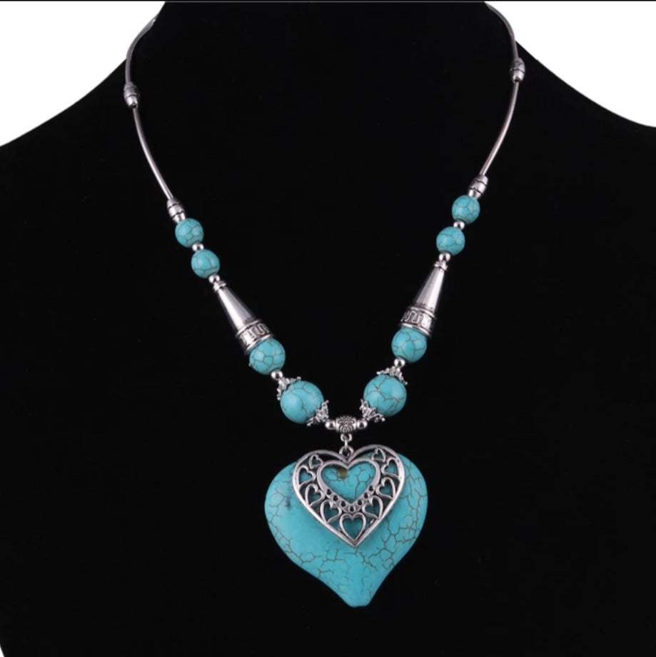 Bohemian Silver Turquoise Stone Heart Necklace