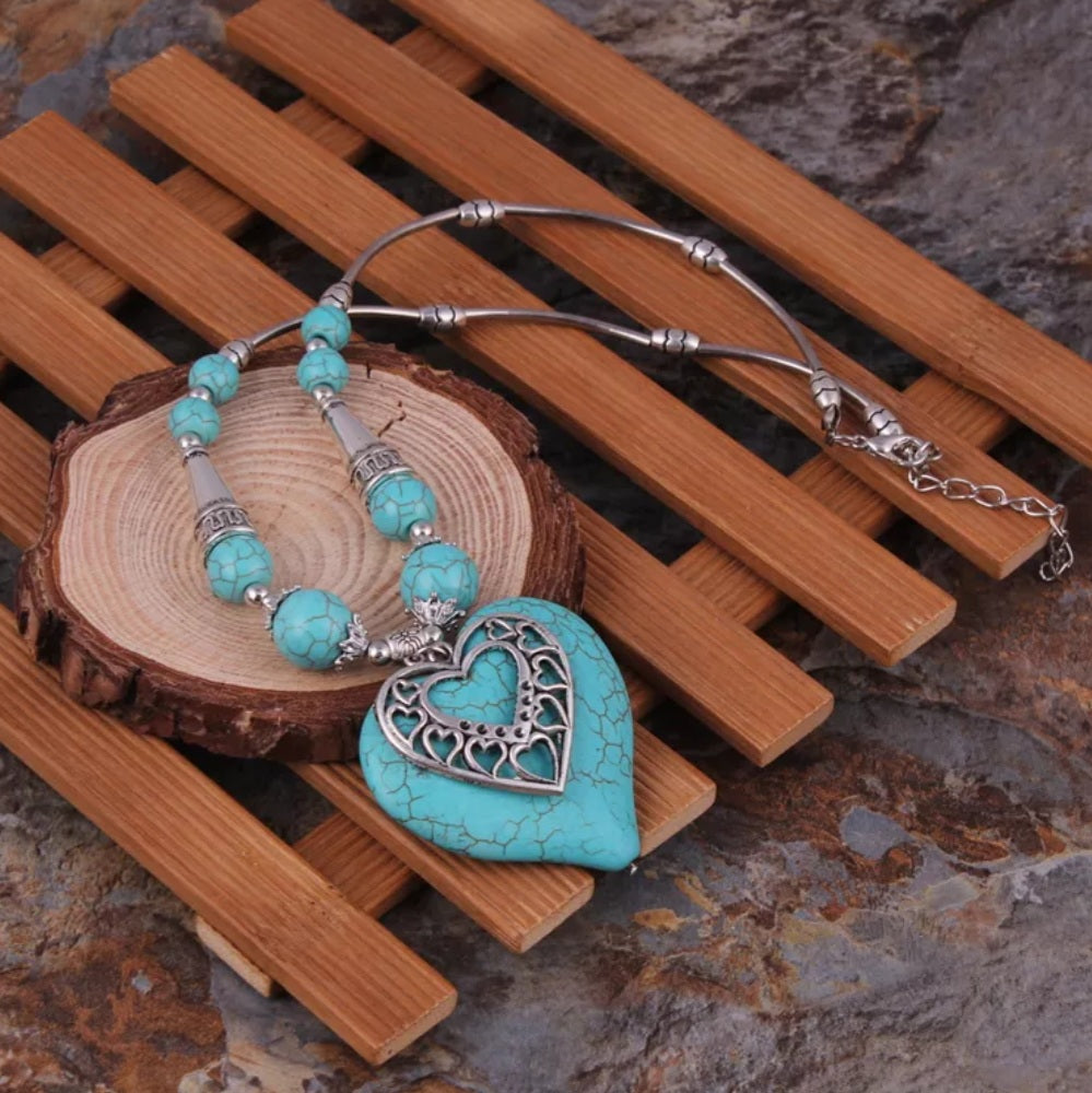 Bohemian Silver Turquoise Stone Heart Necklace