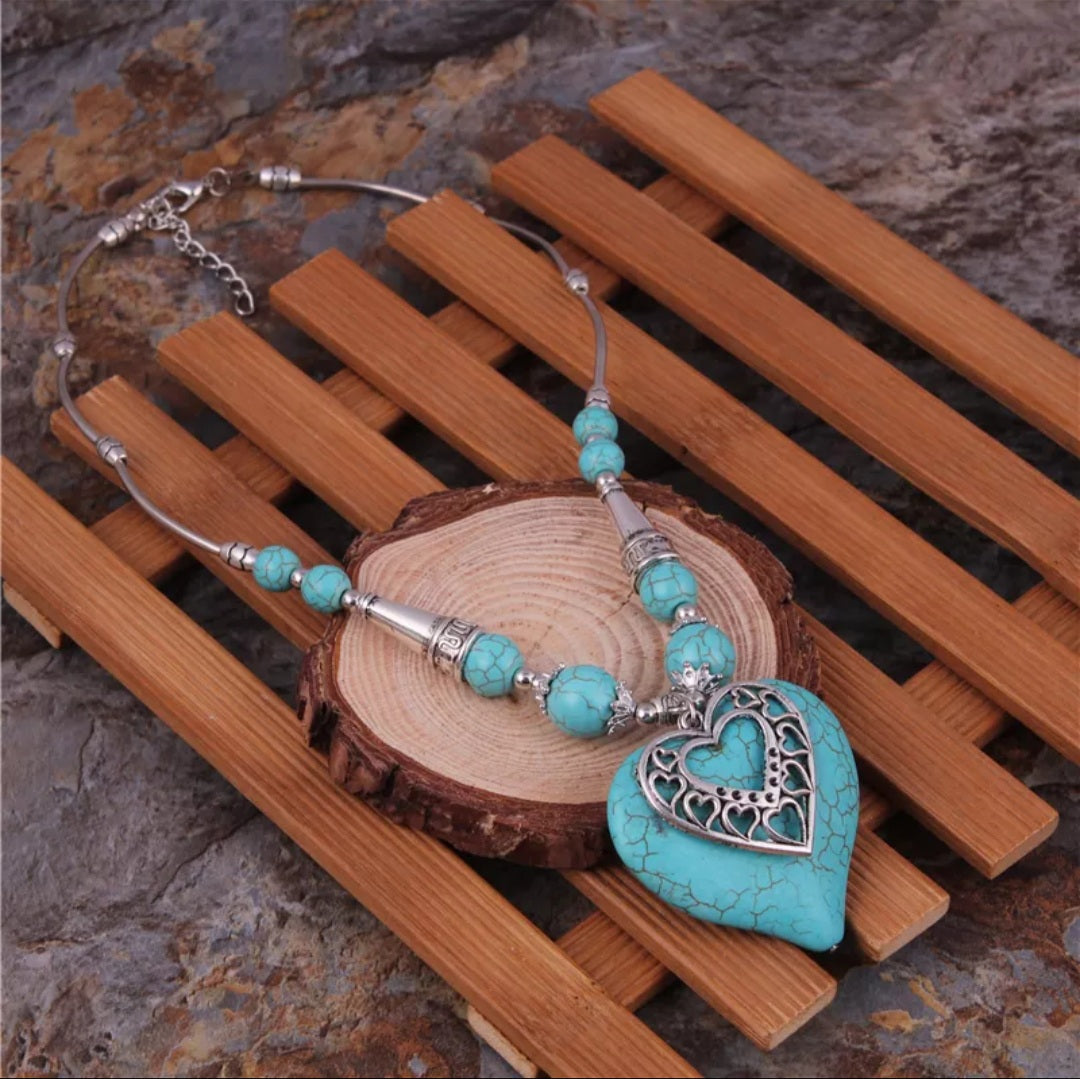 Bohemian Silver Turquoise Stone Heart Necklace