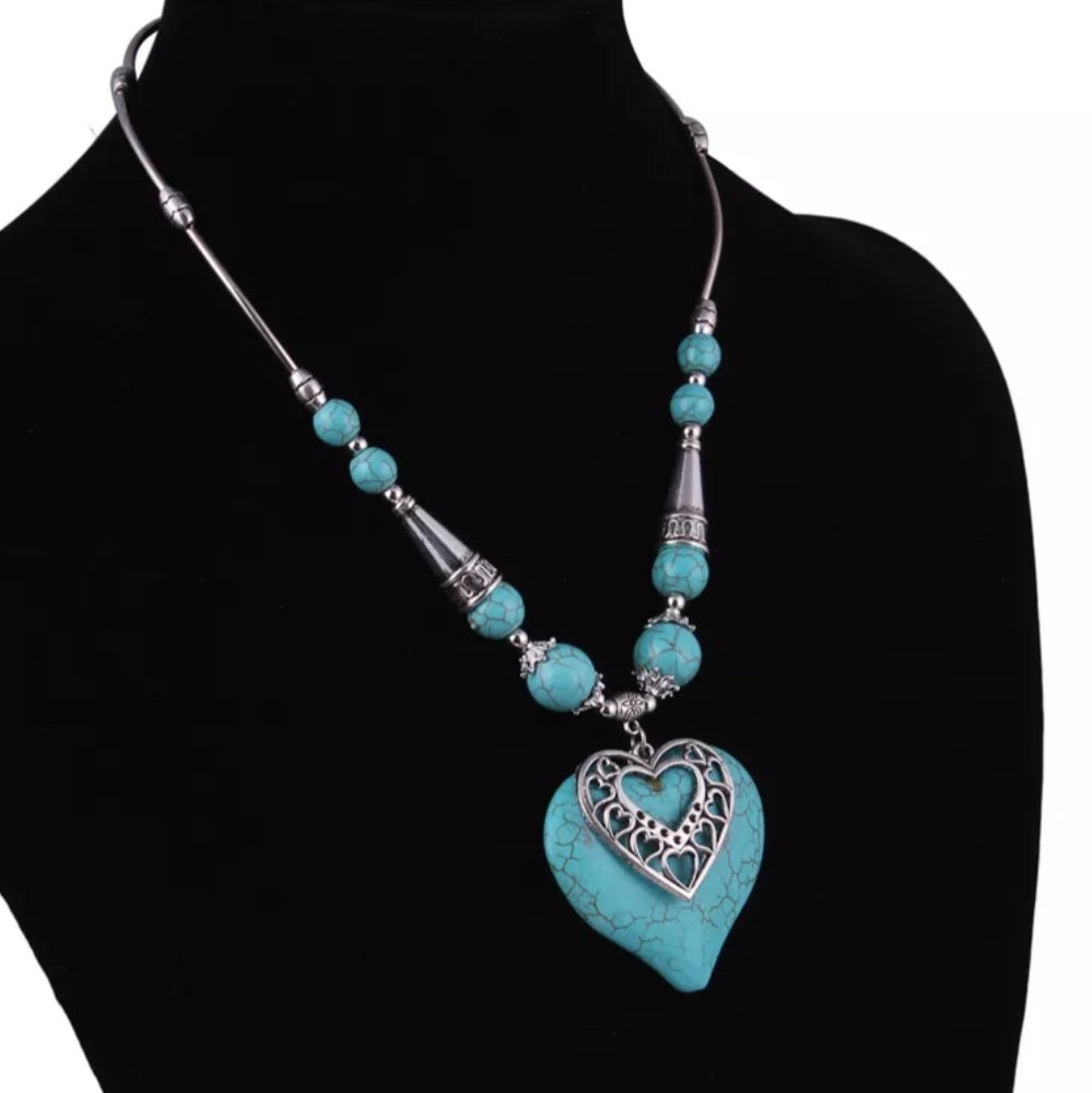 Bohemian Silver Turquoise Stone Heart Necklace