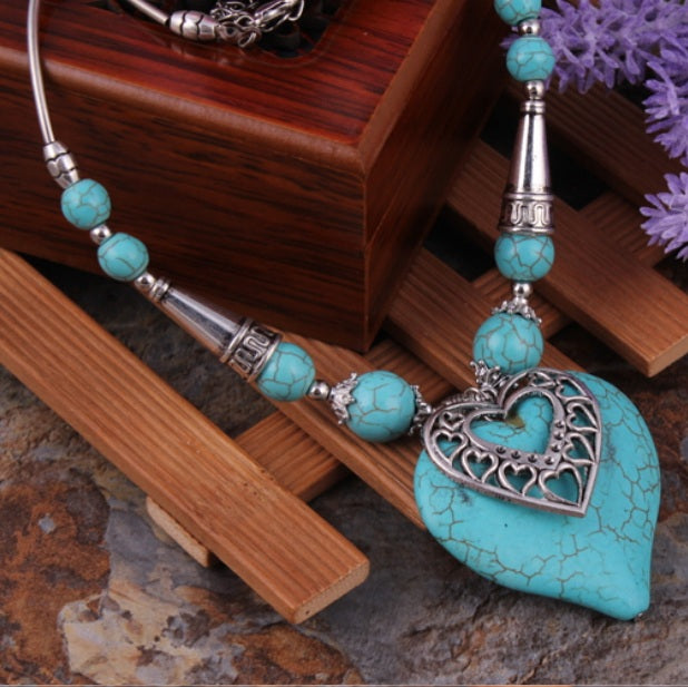 Bohemian Silver Turquoise Stone Heart Necklace