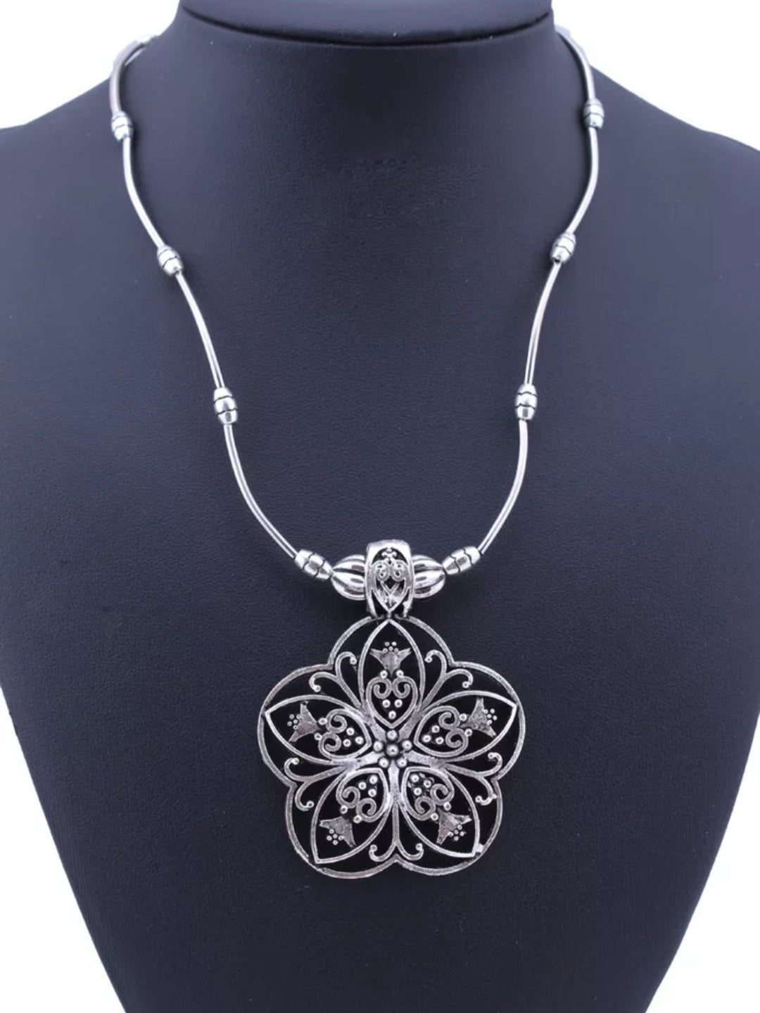 Vintage Tibetan Silver Carved Hollow Flower Necklace