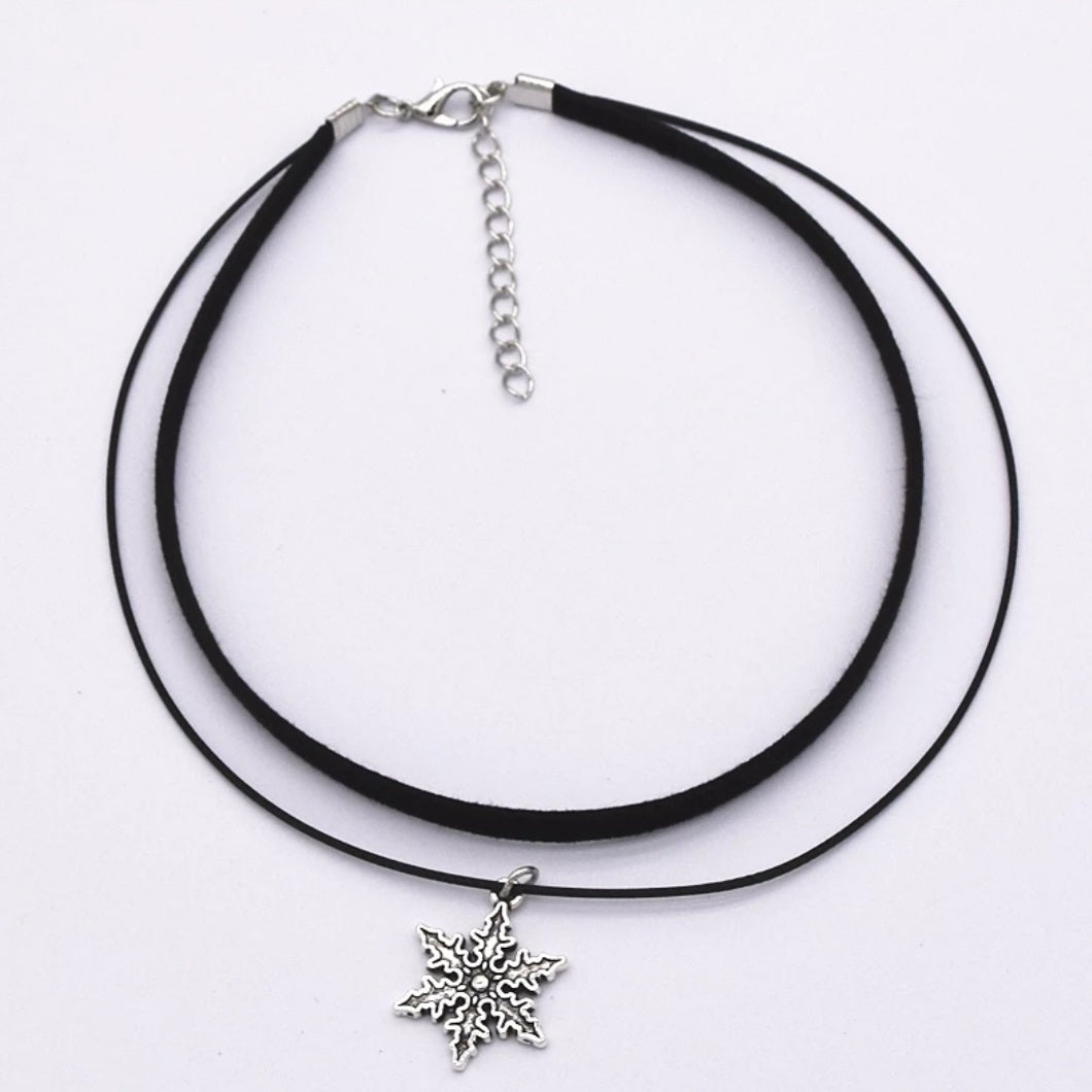 Antique Silver Snowflake Black Velvet Choker Necklace