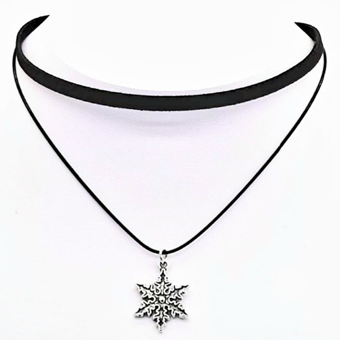 Antique Silver Snowflake Black Velvet Choker Necklace