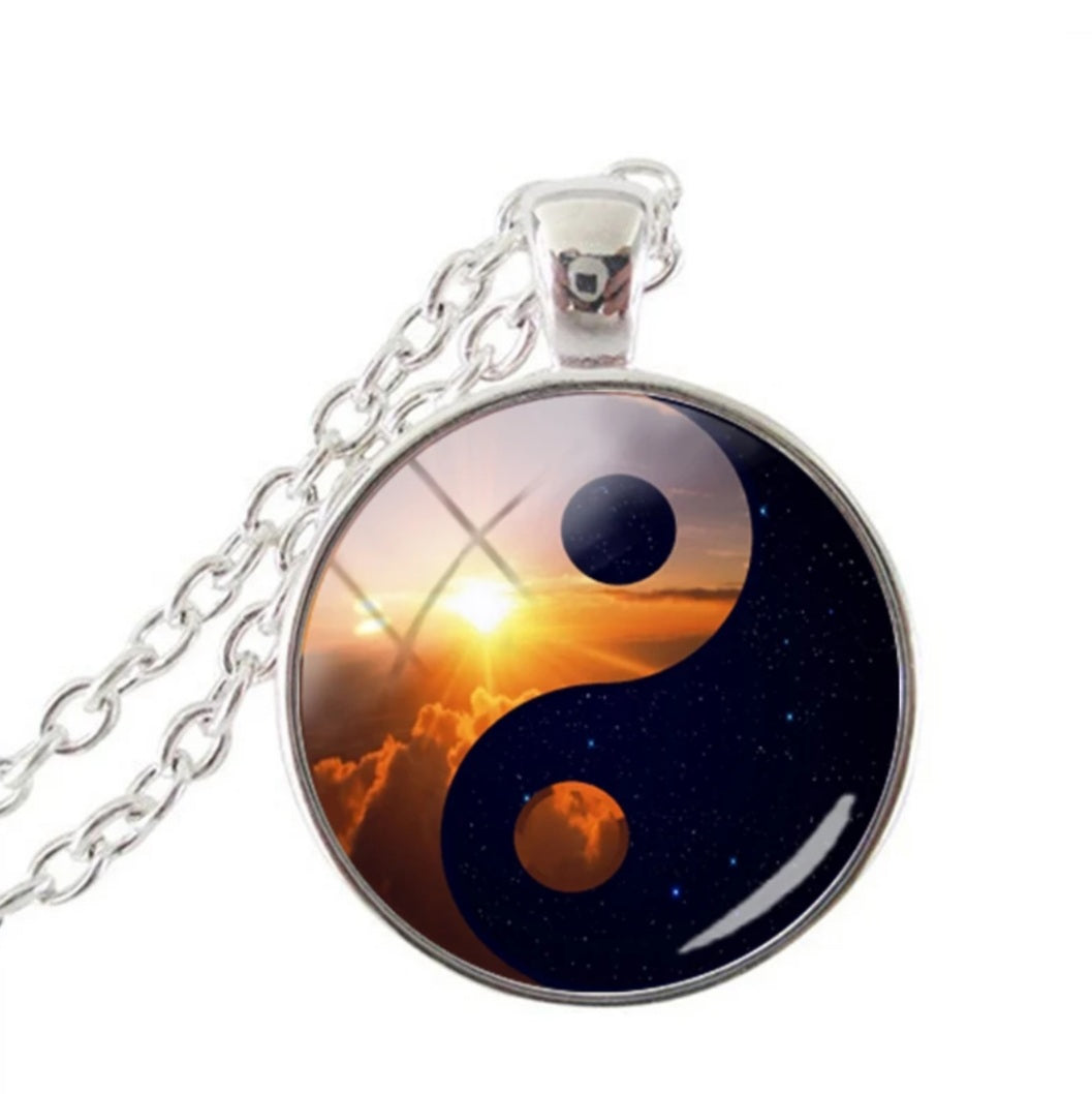 Vintage Silver Yin Yang Glass Dome Necklace