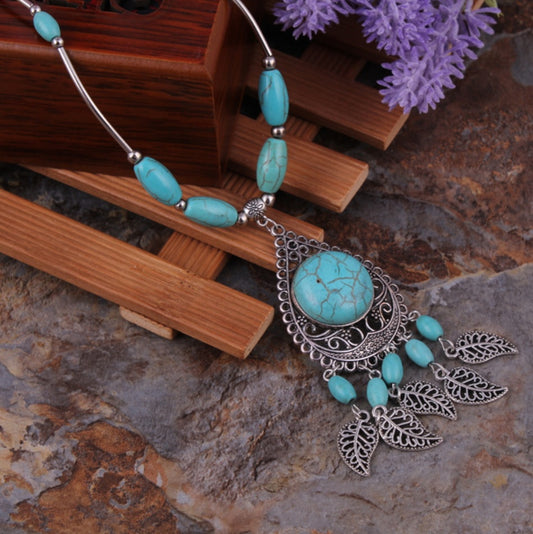 Bohemian Turquoise Water Drop Tassel Necklace