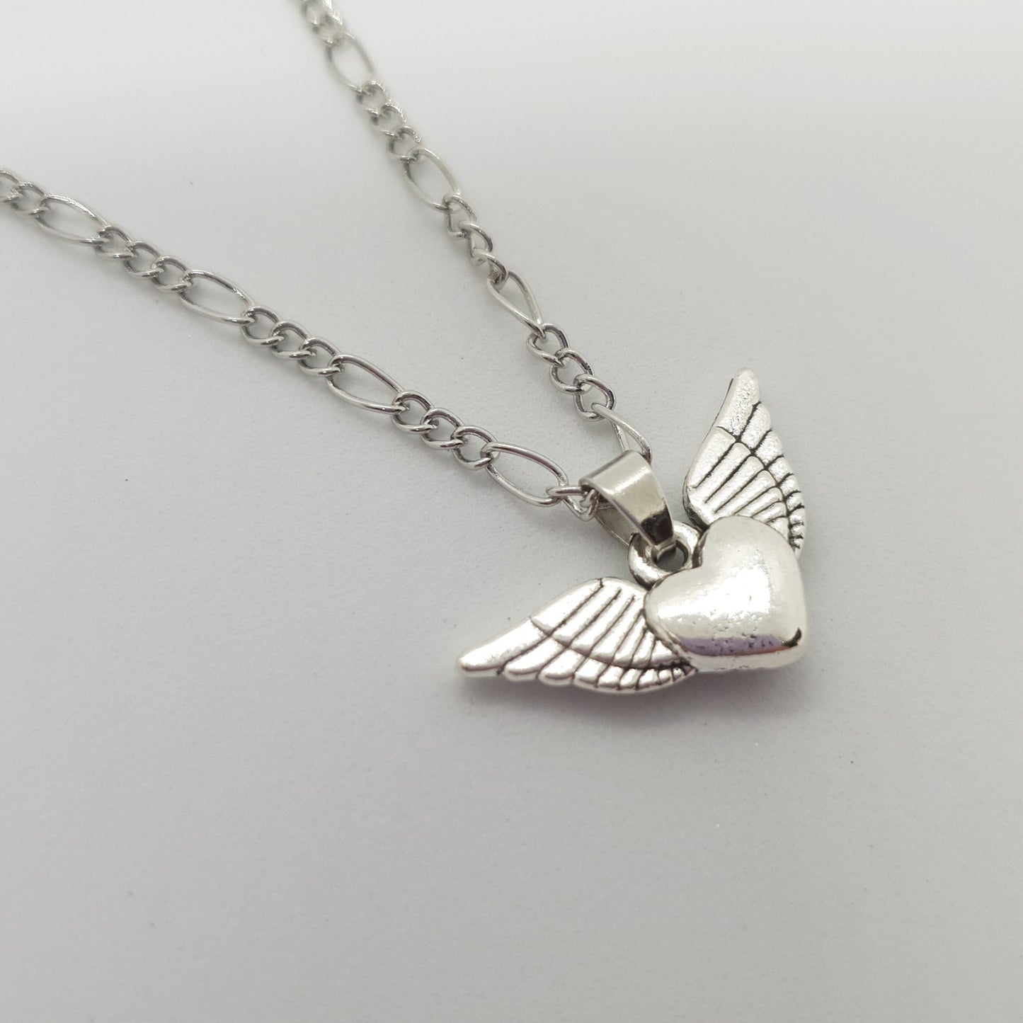 Silver Angel Wings Flying Heart Necklace